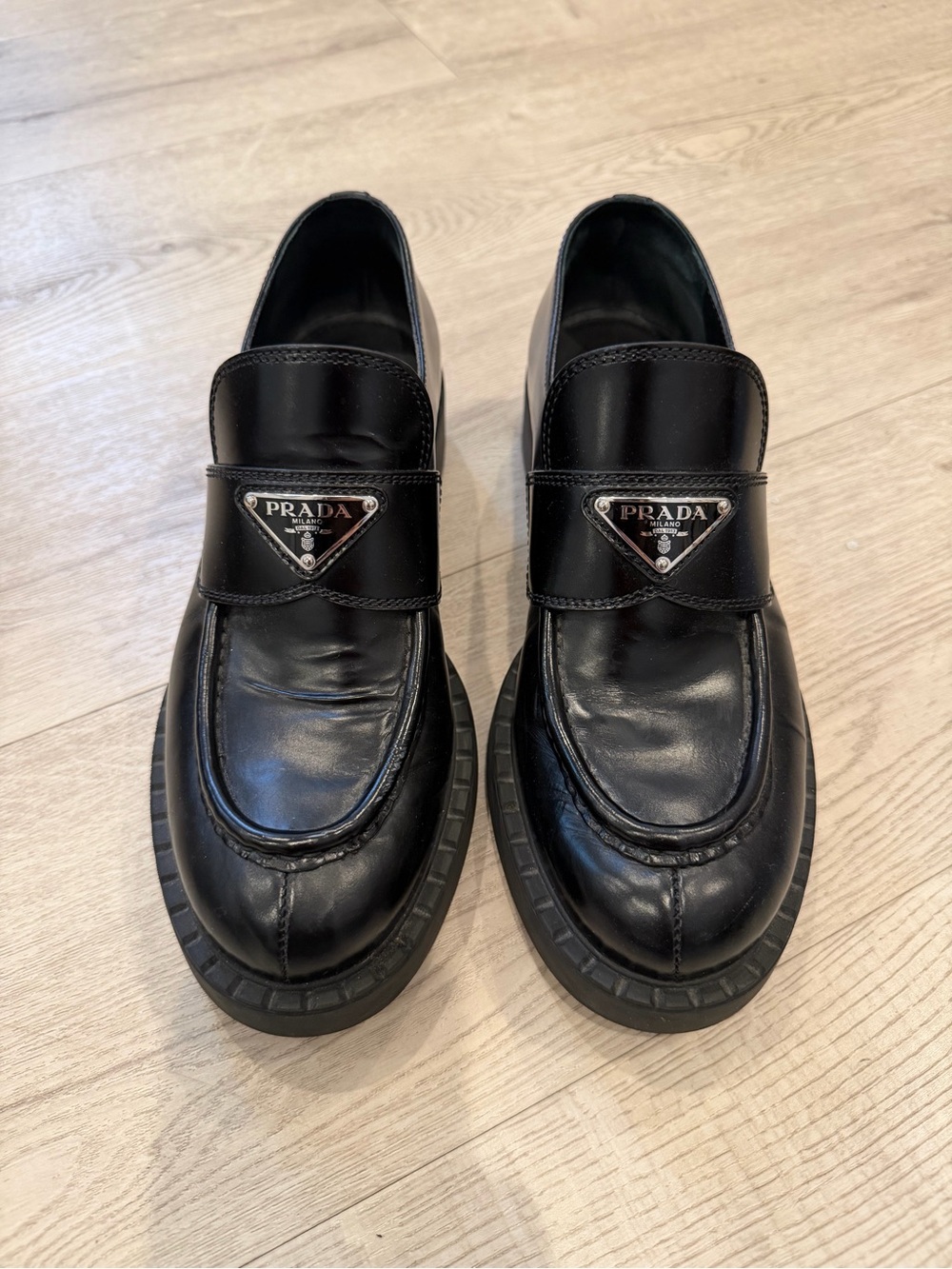 Prada Leather Triangle Logo Loafers Black size 38.5